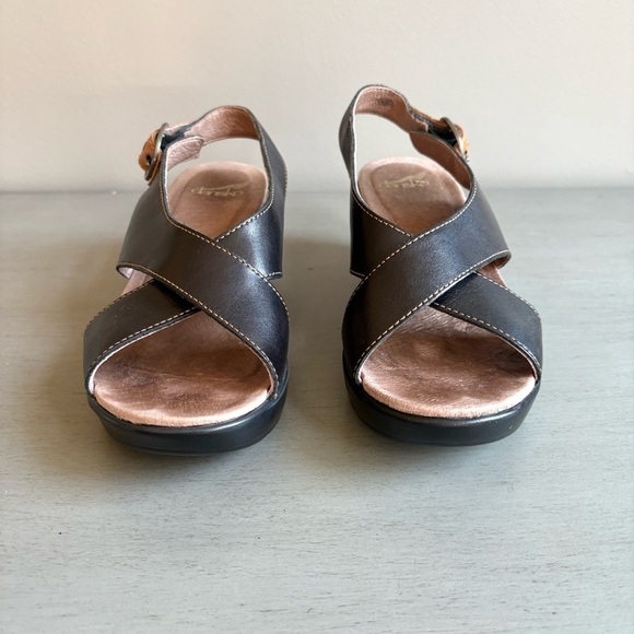 Dansko Jacinda Black Tan Slingback Leather Criss Cross Strap Wedge Sandal 37 - Picture 4 of 13